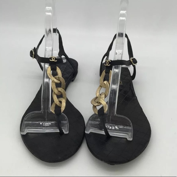 Chanel Black Quilted Gold Chain Sandals 38 - Picture 1 of 5